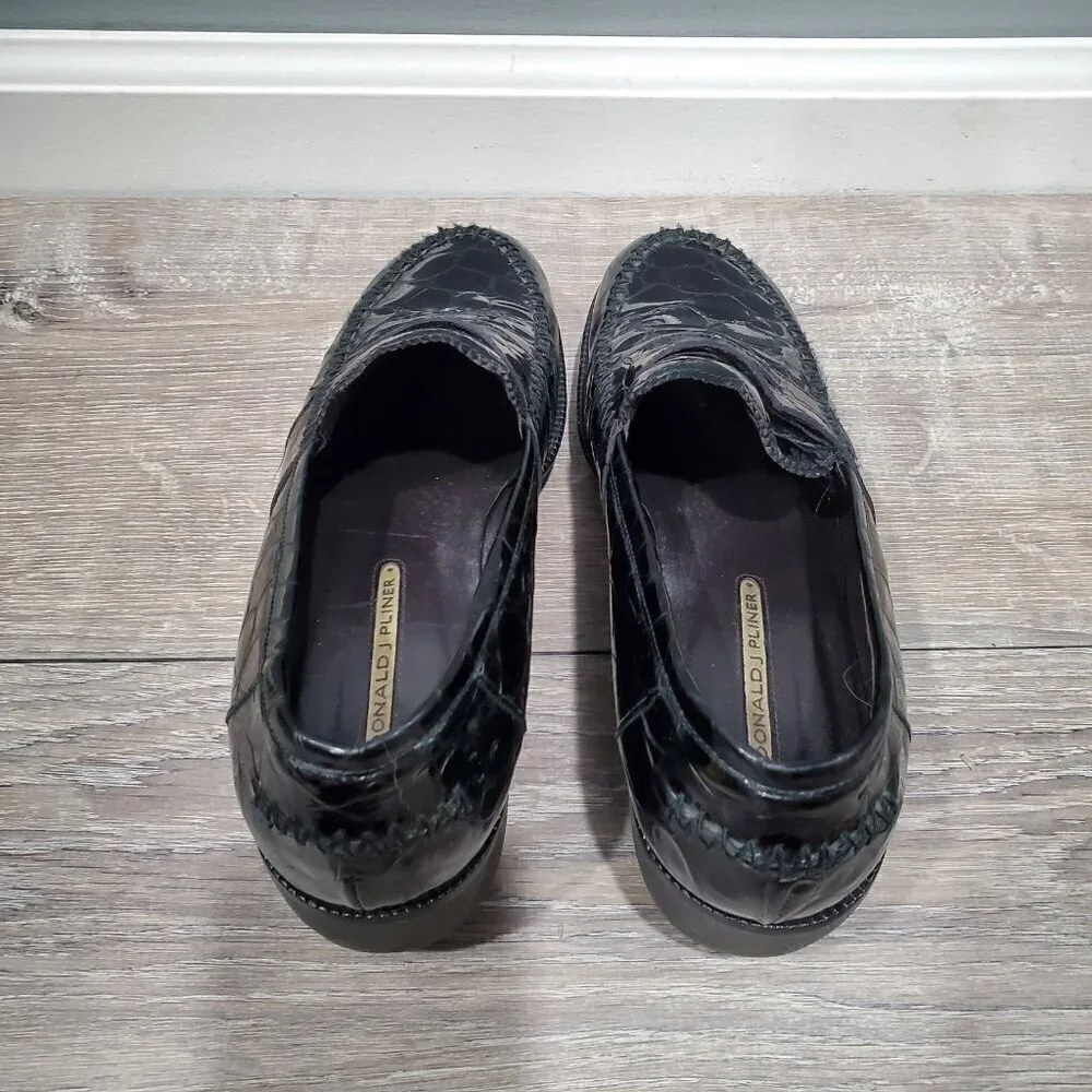 Donald J Pliner Nia2 Black Patent Leather Crocodile Print Wedge Loafer Shoe 8.5M